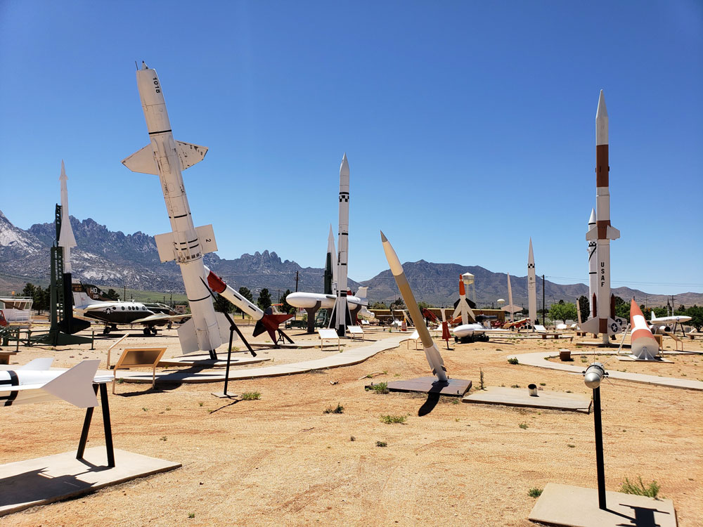 Several missiles on display outside of the White Sands Missile Range Museum.